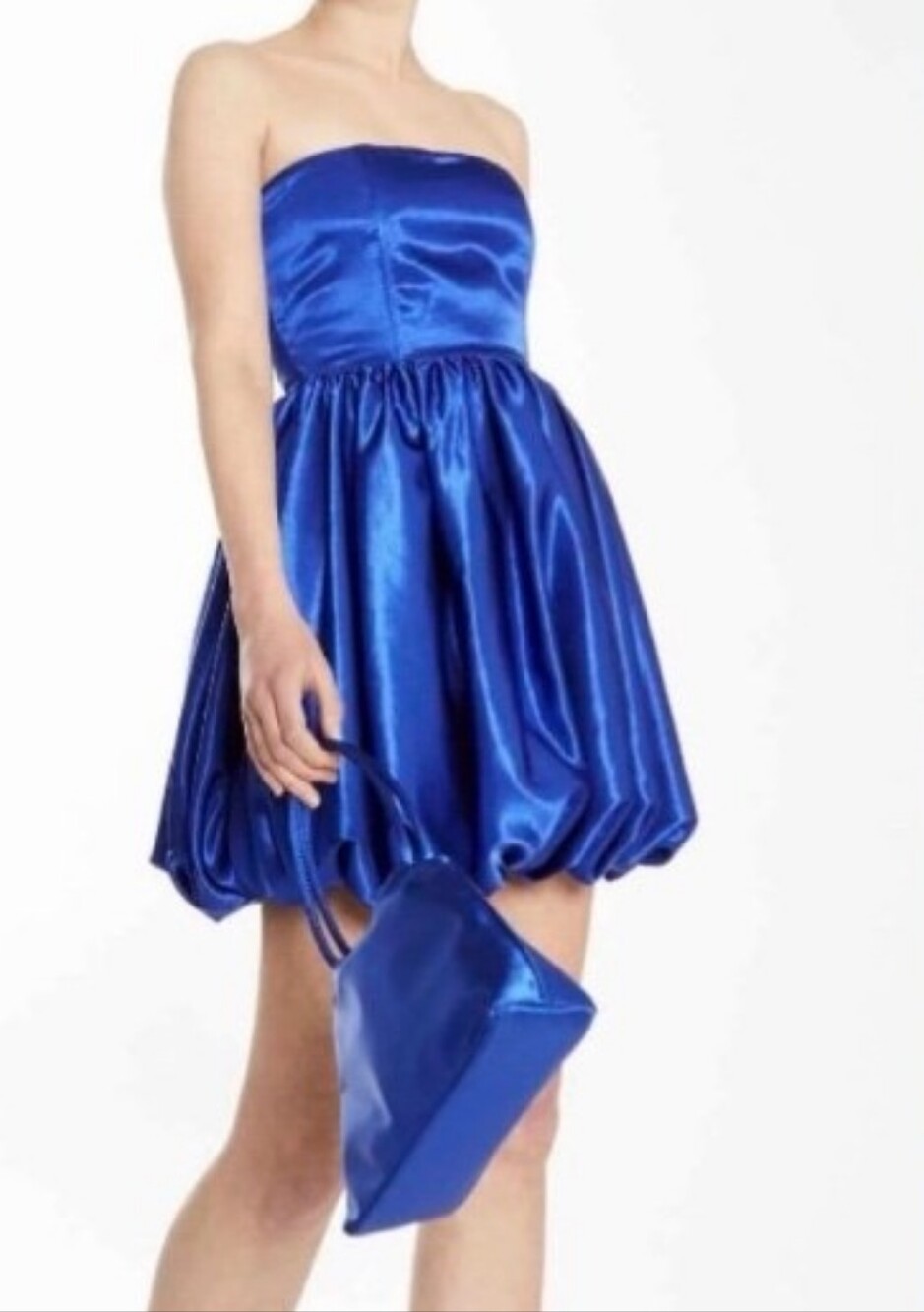 Satin strapless mini dress ruched bodice & puffy bubble hem royal blue Jordan 10